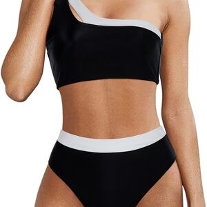 MOOSLOVER Womens One Shoulder Monochromatic High Waisted Bikini Swim Set Size XL